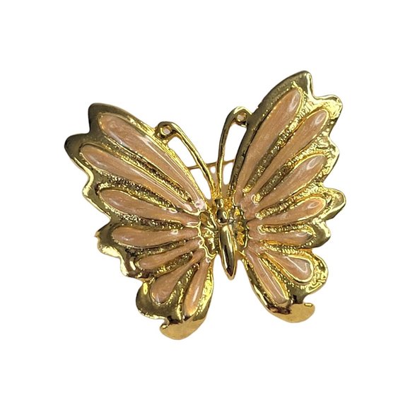 AAI Peach Enamel Butterfly Brooch Pin Gold Tone Iridescent Vintage 1 3/4" - Picture 5 of 8